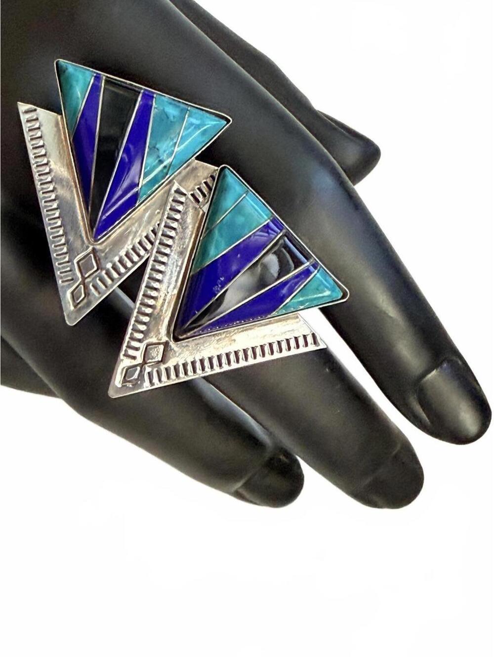Sterling Inlay Triangle Earrings Lapis Turquoise SW - Picture 2 of 7